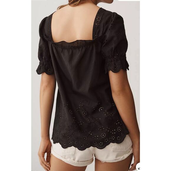 New ANTHROPOLOGIE Puff Sleeve Eyelet Button UP Top Black Size XS Petite - Picture 2 of 8